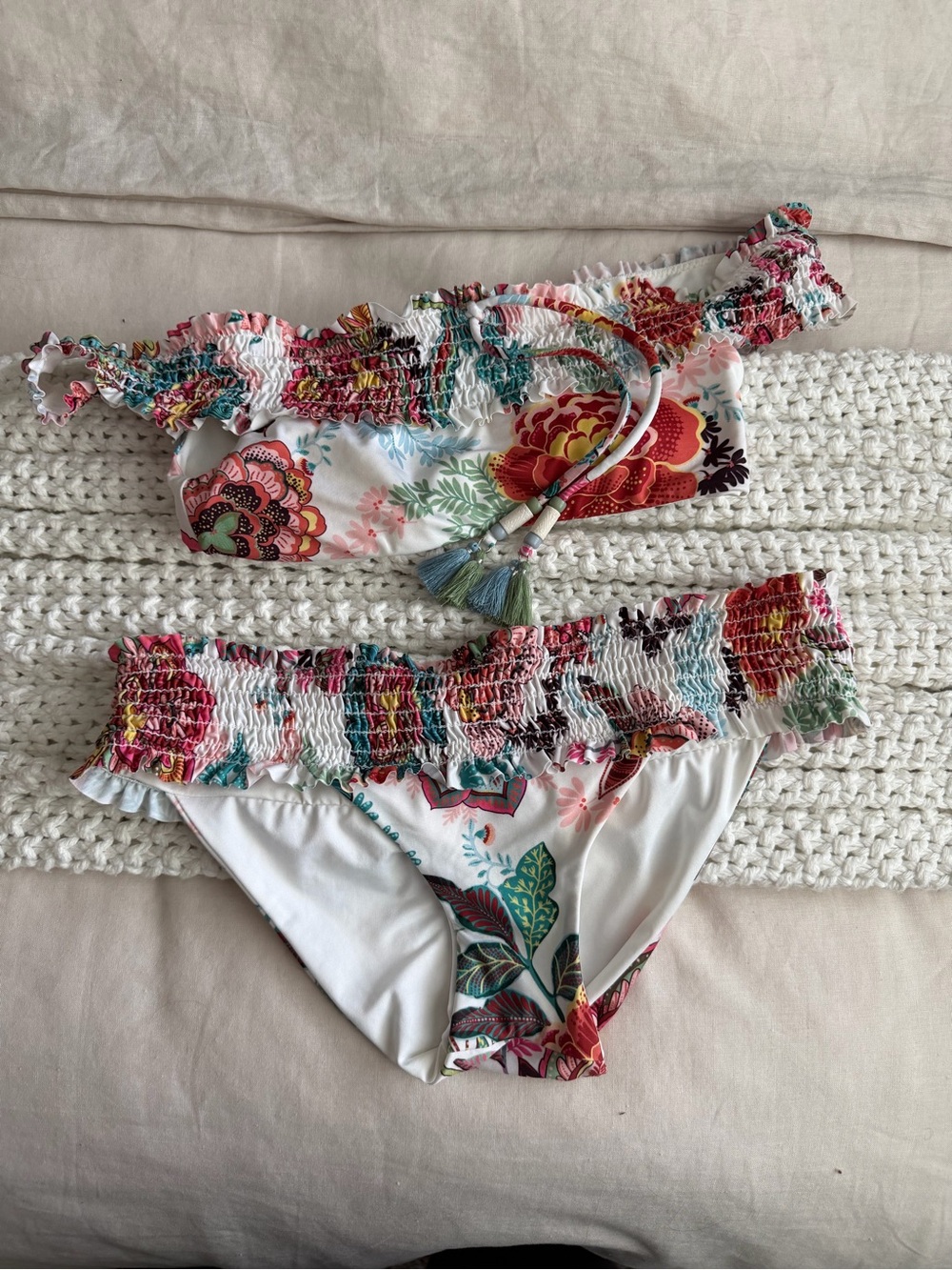 Smocked Floral Bandeau Bikini Set - White with Multicolor Floral